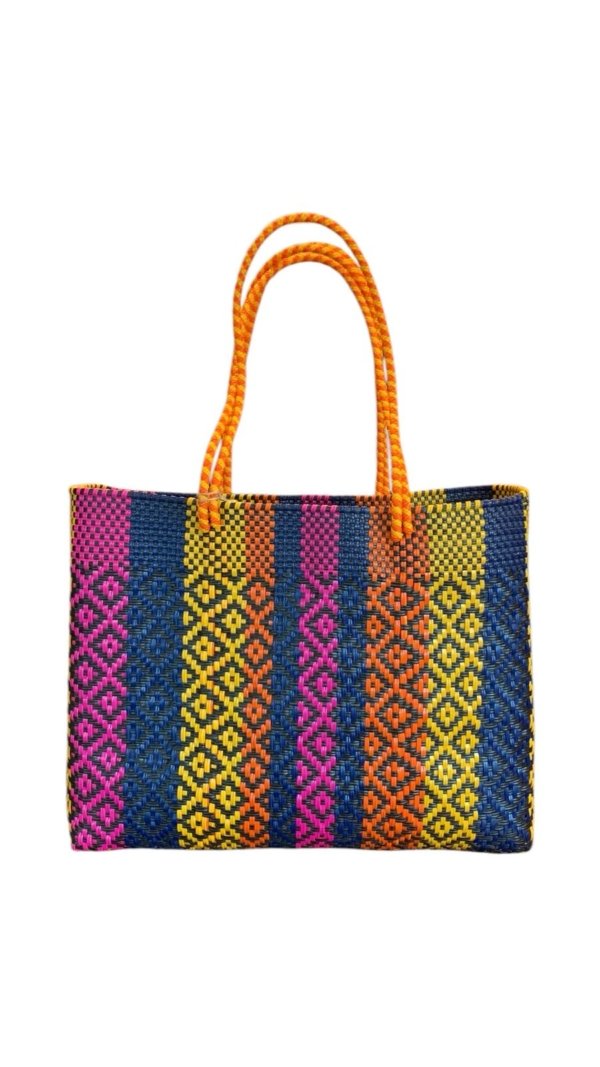 Bolsa de rombos y lineas color rosa, azul, amarillo y naranja