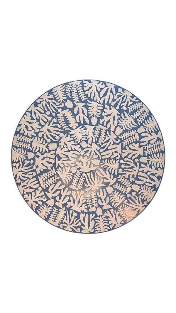 Plato giratorio (lazy susan) color azul con beige con figura de plantas