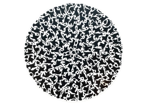 Plato giratorio (lazy susan) color blanco con negro con figuras de colibri