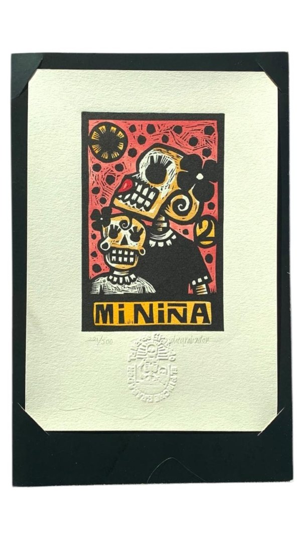 Cuadro decorativo con dibujo de "Mi niña", dibujo de madre e hija version calavera